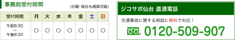 事務局受付時間：午前8:30～午後8:30(日曜・祝日も相談可能)／ジコサポ仙台 直通電話　0120-509-907